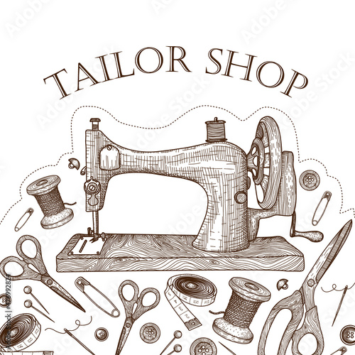 Vector illustration of a banner template for a tailor shop. Graphic linear sewing machine, needle, pin, scissors, thread on a spool, buttons, hairpin, measuring tape