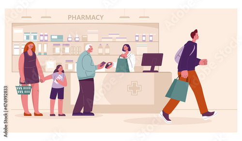 People in the pharmacy buy medicines. Pharmacist at the drugstore with clients. Vector illustration in flat style.