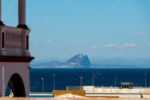 Photograph of the Strait of Gibraltar from Ceuta with buildings in the foreground