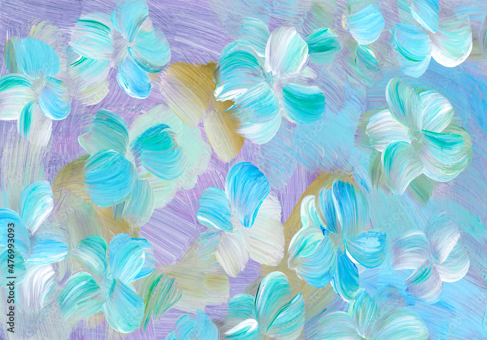 Amazing beautiful floristic petals pattern. Light blue purple lilac violet ochre shades. Big brush strokes. Blooming blossom botany floristic pattern ornament design backdrop. 