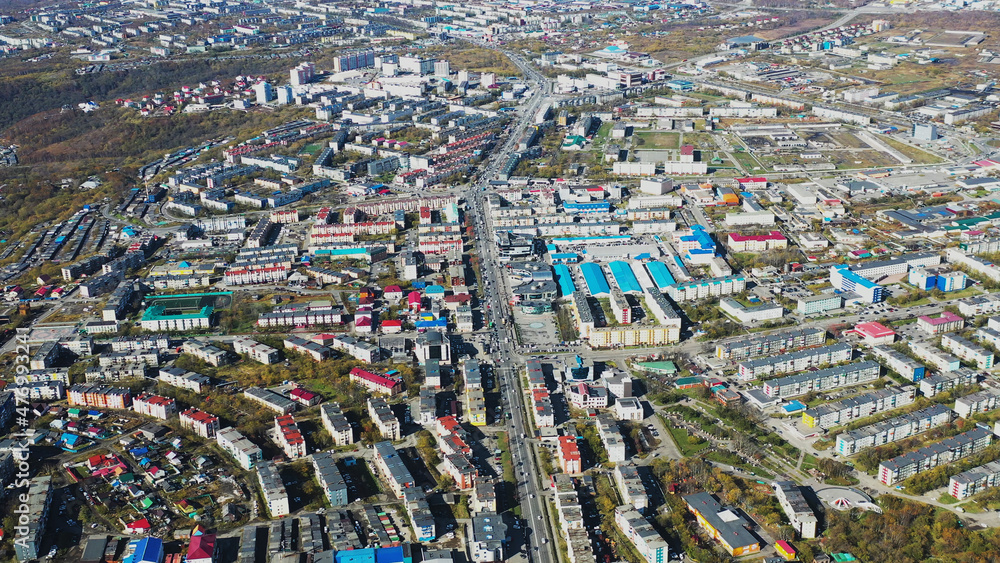 Aerial view of the urban landscape of Petropavlovsk-Kamchatsky, Russia