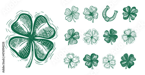 Clover, horseshoe set, St. Patrick's Day. Hand drawn illustrations. Vector.	
