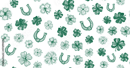 Clover, horseshoe set, St. Patrick's Day. Hand drawn illustrations. Vector.	
