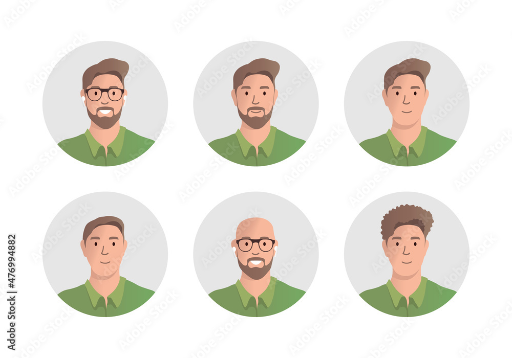 Male avatar set with different hairstyles. Modern flat illustration. Male avatar set with different hairstyles. Modern flat illustration.