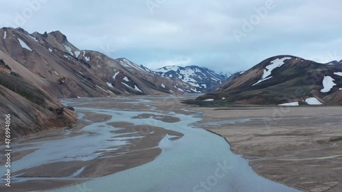 Aerial view of Krossa river flowing through Thorsmork valley in Iceland. Drone view of spectacular glacier highlands with snowy mountains in Porsmork canyon. Amazing in nature photo