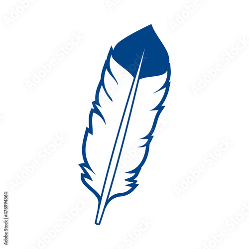 One blue white bird feather graphic icon vector. Blue and white feather icon isolated on a white background. Quill design element