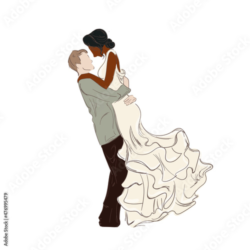 Vector Wedding International Couple Sketch, Hand Drawn Illustration, Man and Woman in White Wedding Dress Isolated in White Background.