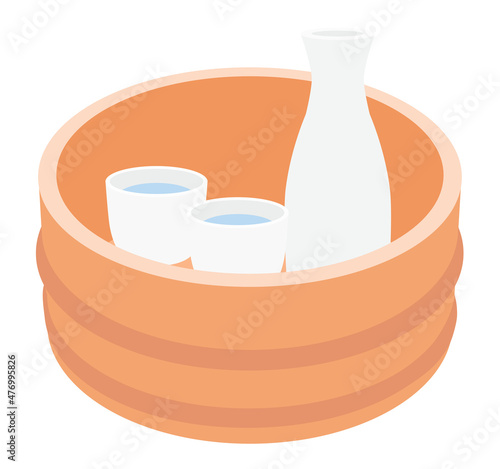 木桶に入った日本酒の徳利とお猪口