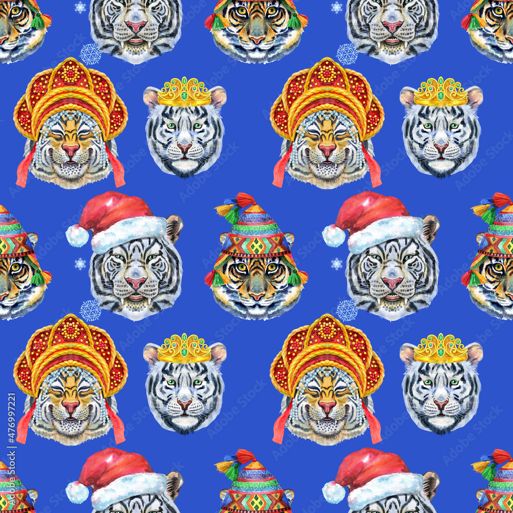 Obraz premium Seamless pattern with the image of a tiger's face. Decor for decoration of textiles or wallpaper.