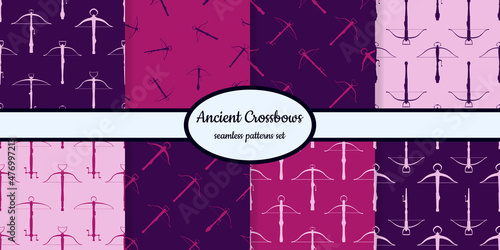 Collection of seamless patterns with ancient Crossbows designed for web, fabric, paper and all prints 