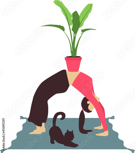 For lovers of yoga, cats and plants. All you need is yoga, a cat and a plant. Vector illustration. Red, blue, green, dark.
