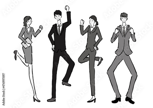 若い会社員　新入社員の男女のイラスト　モノクロ