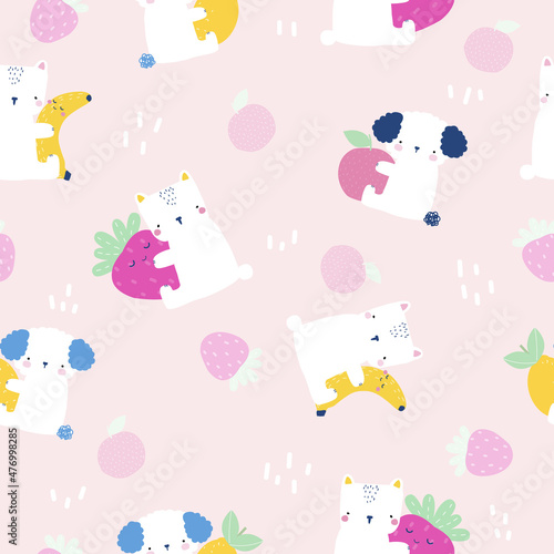 Pastel seamless pattern with bear and dog with fruits. Kids cute print. Vector hand drawn illustration.