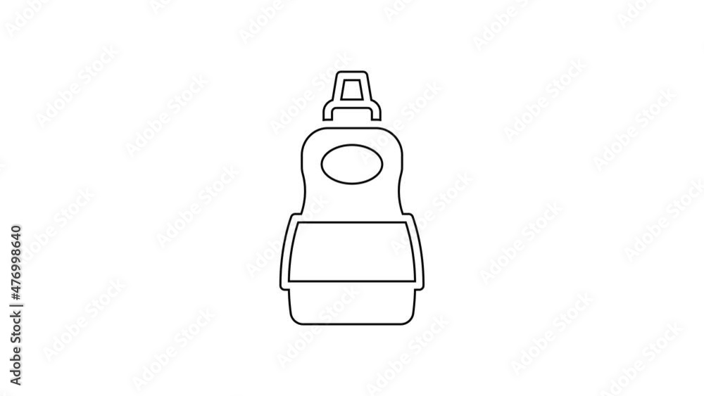 Black line Dishwashing liquid bottle icon isolated on white background. Liquid detergent for washing dishes. 4K Video motion graphic animation