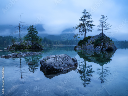 Lake Hintersea, Germany. Landscape during fog. Lake and trees.