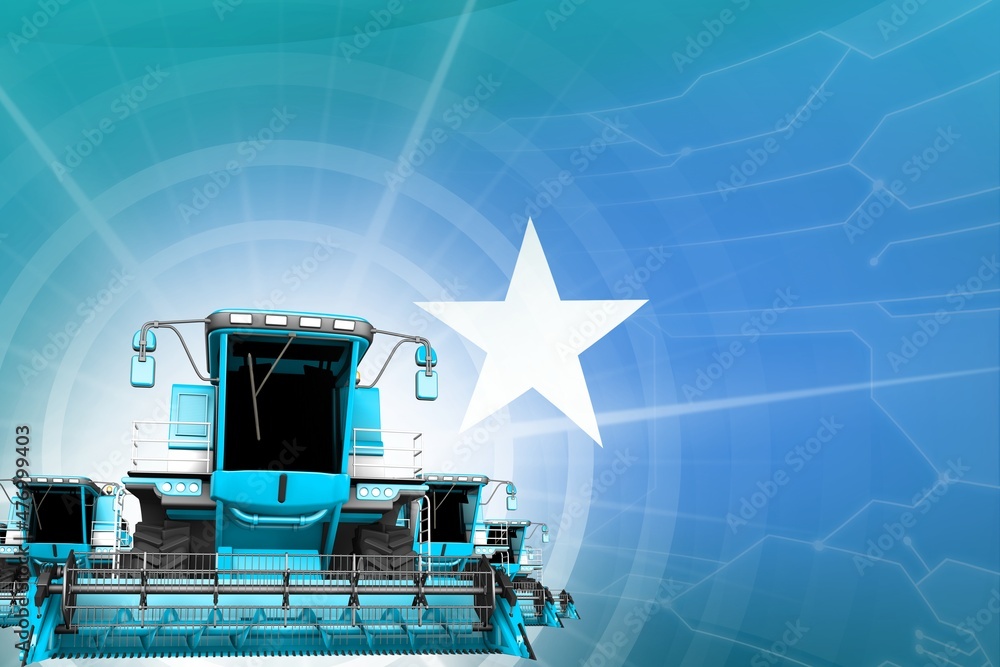 Digital industrial 3D illustration of blue modern rye combine harvesters on Somalia flag, farming equipment modernisation concept
