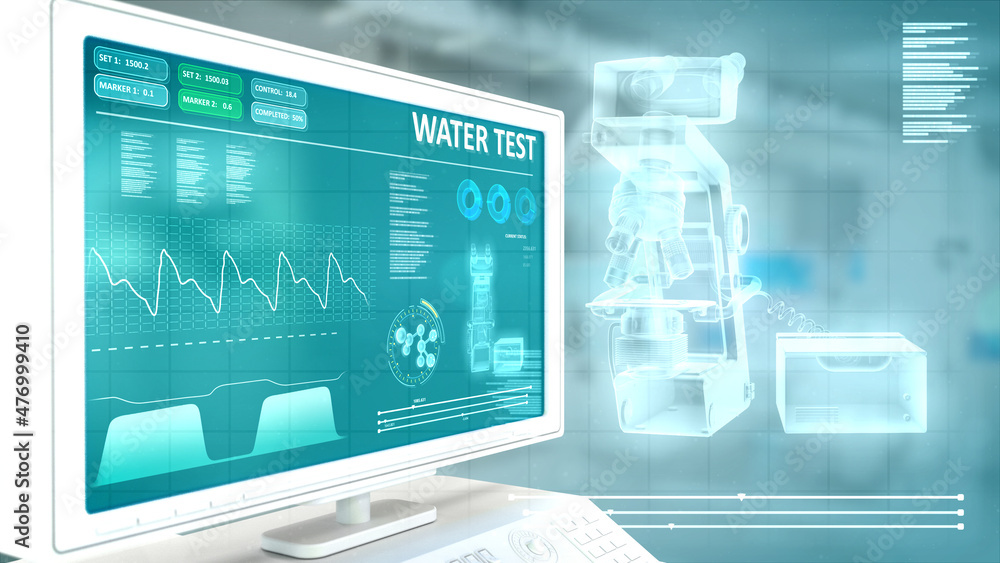 water test in hi-tech hospital room , creative industrial 3D illustration water test in hi-tech hospital room , creative industrial 3D illustration