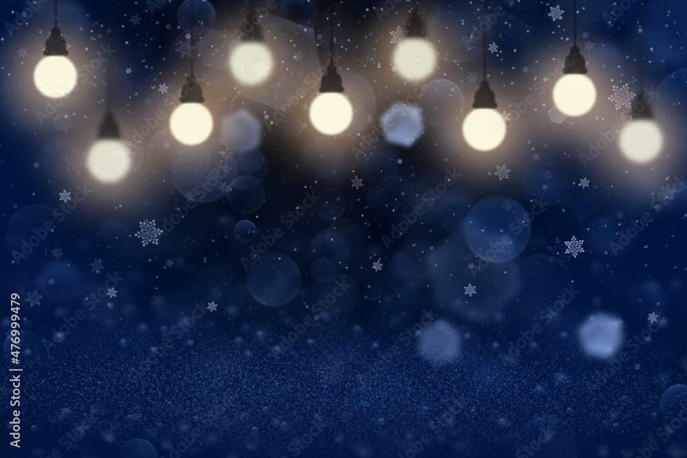 blue cute brilliant glitter lights defocused bokeh abstract background with light bulbs and falling snow flakes fly, holiday mockup texture with blank space for your content