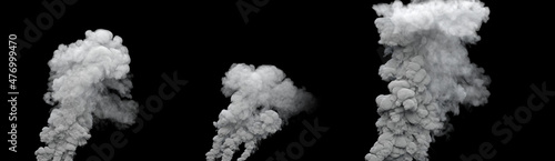 3 white carbon dioxide smoke columns from masut power plant on black, isolated - industrial 3D illustration