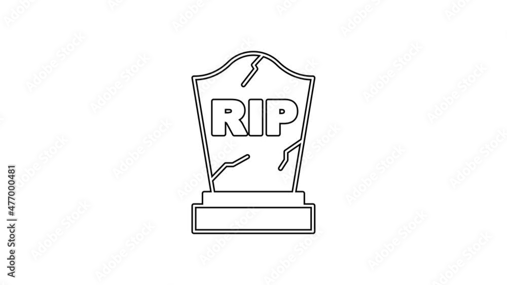 Black line Tombstone with RIP written on it icon isolated on white background. Grave icon. Happy Halloween party. 4K Video motion graphic animation Black line Tombstone with RIP written on it icon isolated on white background. Grave icon. Happy Halloween party. 4K Video motion graphic animation