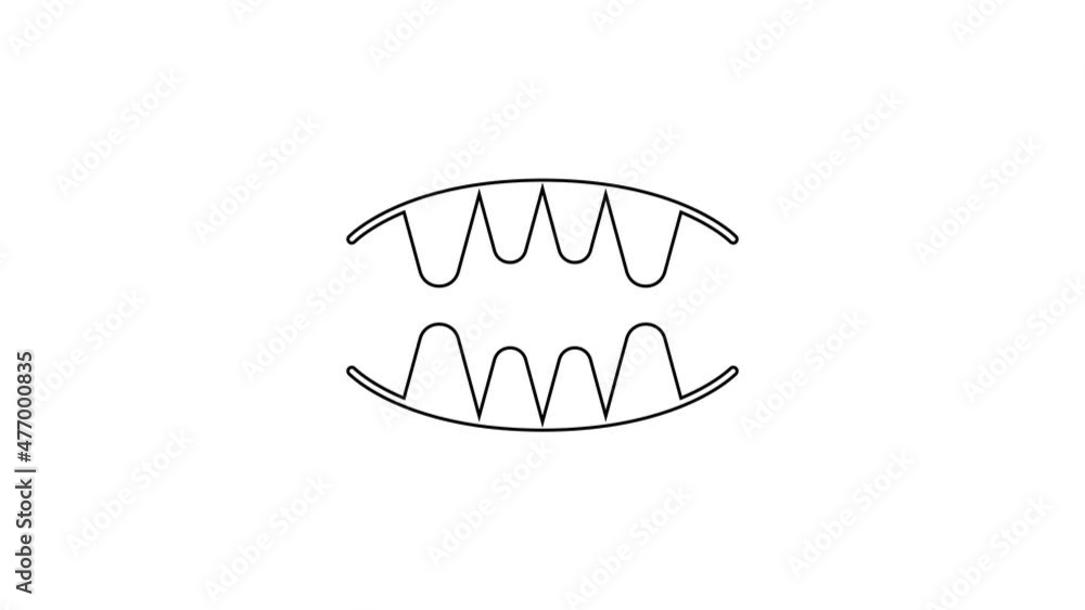 Black line Vampire teeth icon isolated on white background. Happy Halloween party. 4K Video motion graphic animation Black line Vampire teeth icon isolated on white background. Happy Halloween party. 4K Video motion graphic animation