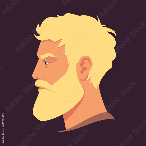 Head of bearded man in profile. Portrait of bearded blond man. Avatar of brutal man with beard for social networks. Abstract male portrait, face side view. Stock vector illustration in flat style.
