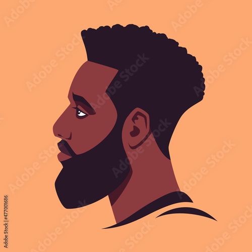Head of bearded african man in profile. Male portrait, face side view. Avatar of brutal man with beard for social networks. Stock vector illustration in flat style.