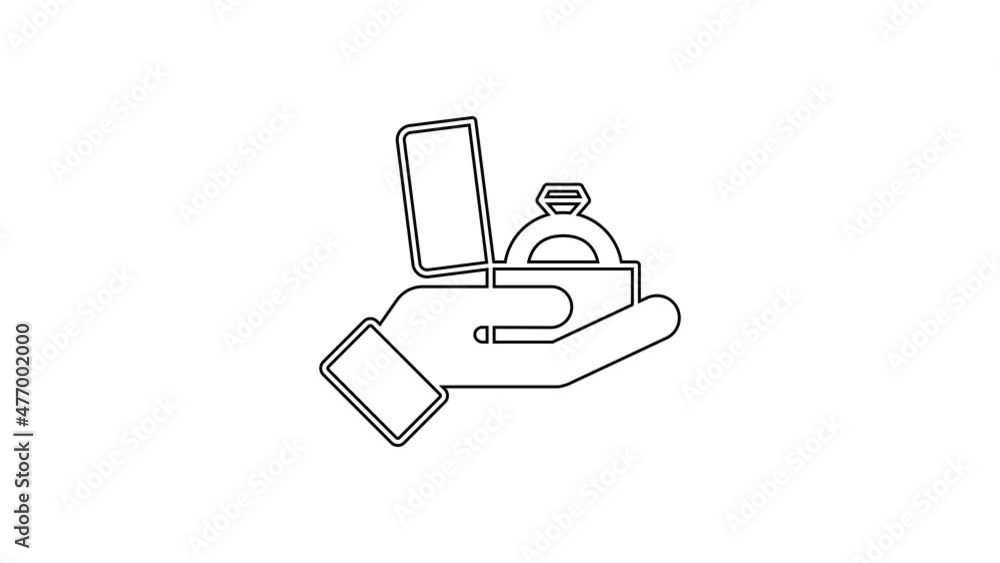 Black line Diamond engagement ring in a box icon isolated on white background. 4K Video motion graphic animation Black line Diamond engagement ring in a box icon isolated on white background. 4K Video motion graphic animation