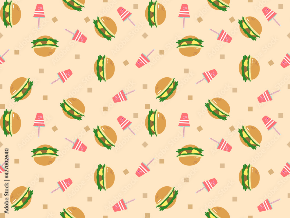 hamburger cartoon character seamless pattern on orange background hamburger cartoon character seamless pattern on orange background