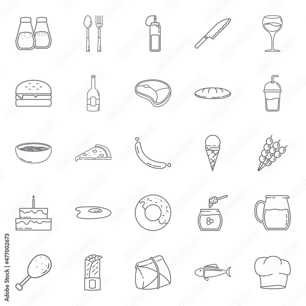 Best Collection of Food & Drink Icons with Outline Style Includes Burger, Spoon & Fork, Meat, Wine, Pizza, Fish Perfect For Templates, Youtube Thumbnails, Instagram & Facebook Post, Marketing Ads.