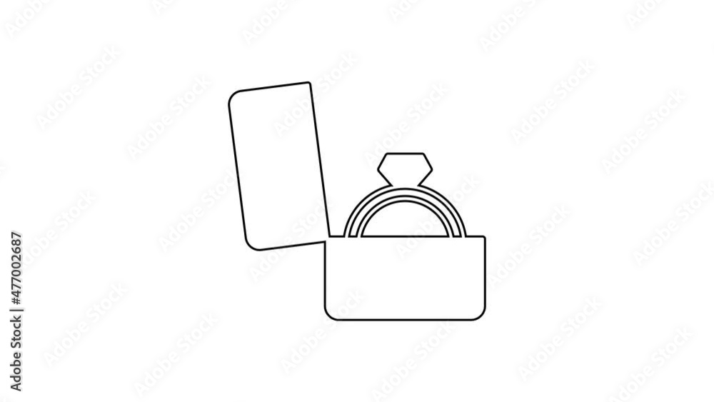 Black line Diamond engagement ring in a box icon isolated on white background. 4K Video motion graphic animation Black line Diamond engagement ring in a box icon isolated on white background. 4K Video motion graphic animation