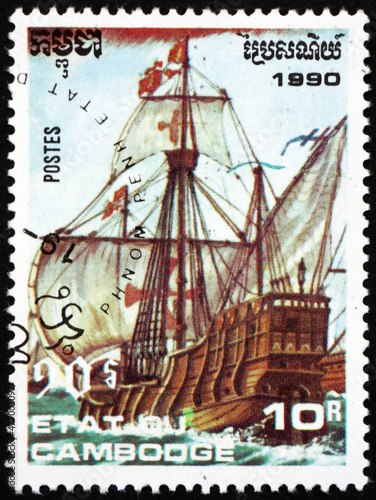 Postage stamp Cambodia 1990 Santa Maria, ship