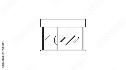 Black line Shopping building or market store icon isolated on white background. Shop construction. 4K Video motion graphic animation