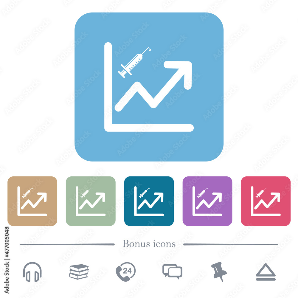Rising vaccination graph flat icons on color rounded square backgrounds Rising vaccination graph flat icons on color rounded square backgrounds