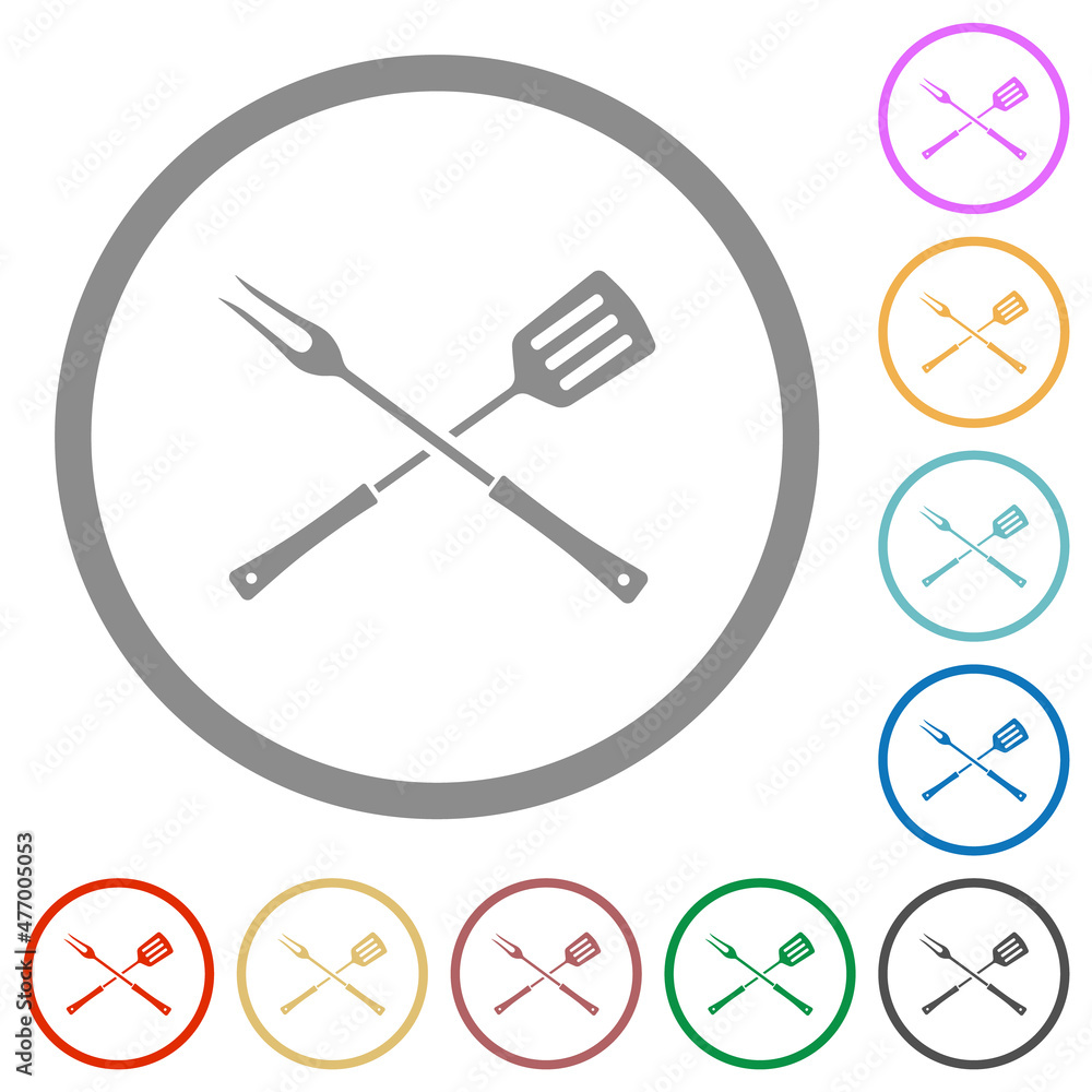 Barbecue fork and spatula in crossed position flat icons with outlines Barbecue fork and spatula in crossed position flat icons with outlines