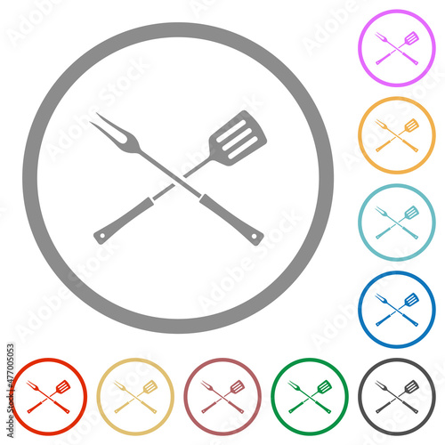 Barbecue fork and spatula in crossed position flat icons with outlines