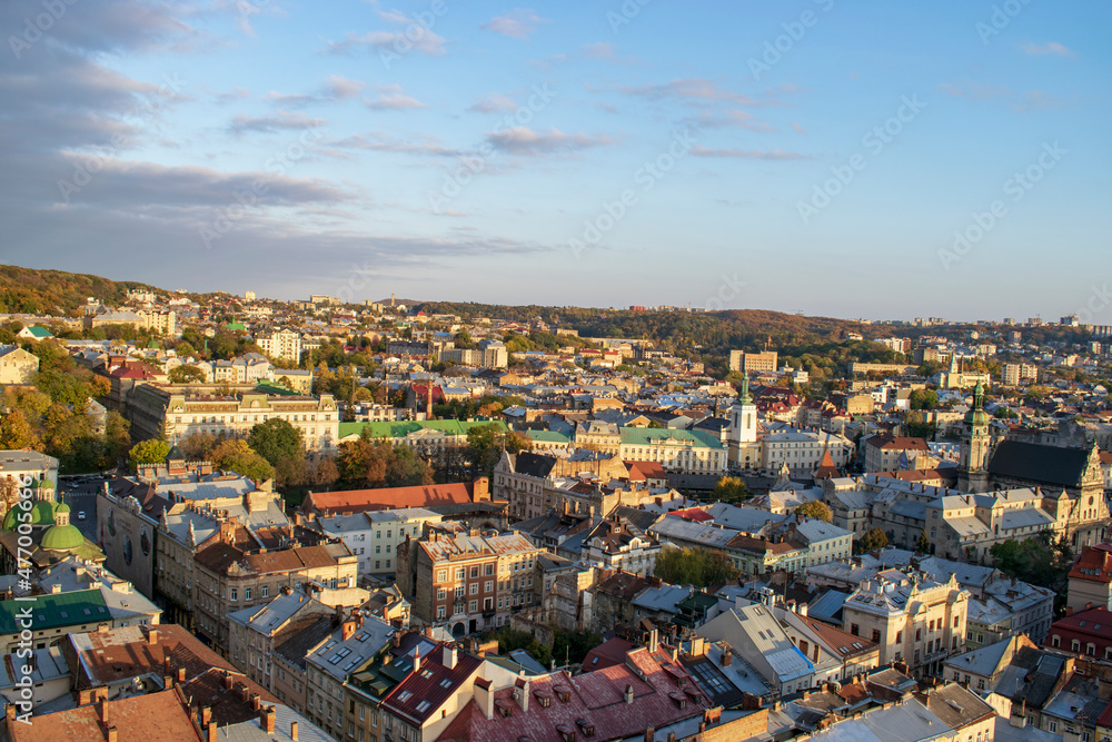 Panorama of old historical city center of Lviv. Ukraine, Europe