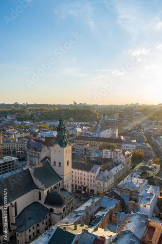 Panorama of old historical city center of Lviv. Ukraine, Europe