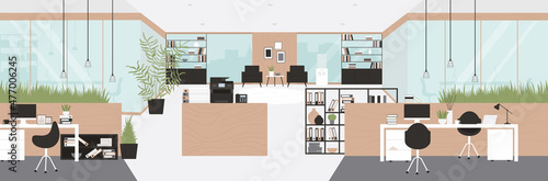 Open space office interior for business team work vector illustration. 3d modern room of coworking center with computer desk and chair in workplace, corporate furniture in perspective background