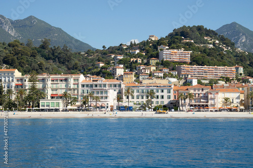 Menton, view of the hotels and the promenade from the sea.