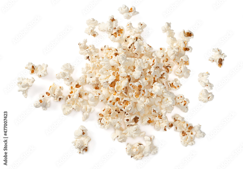 A small pile of popcorn, isolated on white background, top view A small pile of popcorn, isolated on white background, top view