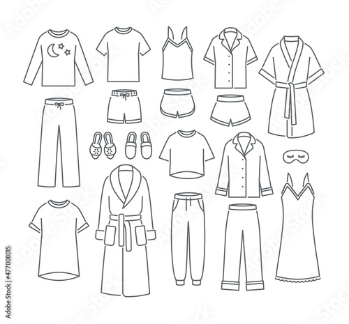 Women home clothes sleepwear. Simple flat thin line vector icons. Comfortable loungewear garments to wear in bed. Pants, shorts, shirts and tops, pajamas, bathrobe, nightdress, sweatpants and slippers