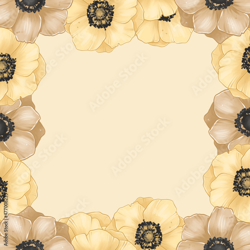 Botanical illustration, Anemones and Leaves, Frame with copy space, Stickers, Digital sketch, Raster illustration