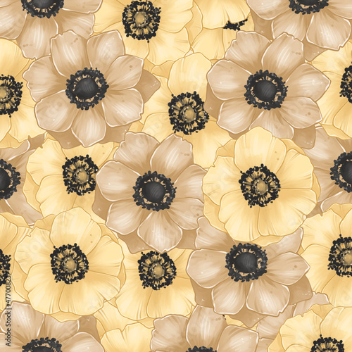 Botanical illustration, Yellow Anemones and Leaves, Set of Illustrations, Seamless Pattern, Stickers, Digital sketch, Raster illustration