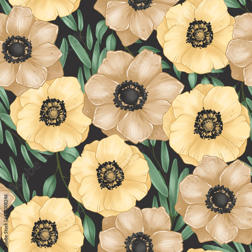 Botanical illustration, Yellow Anemones and Leaves, Seamless Pattern, Stickers, Digital sketch, Raster illustration on Black