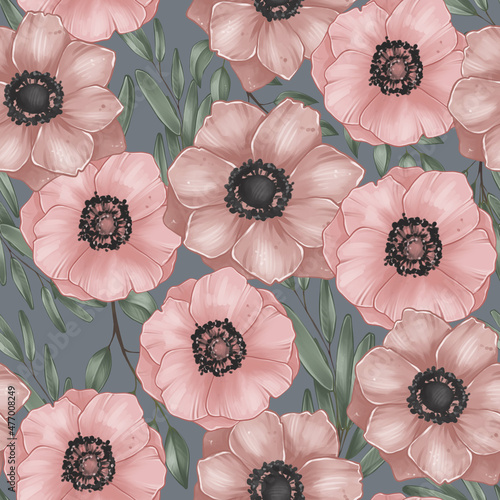 Botanical illustration, Pink Anemones and Leaves, Seamless Pattern, Stickers, Digital sketch, Raster illustration on Black background