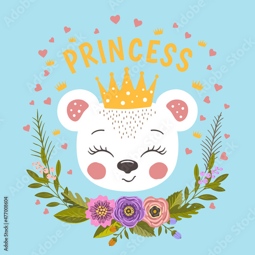 Princess with crown. Cute bear girl with flowers. Vector illustration for t-shirt graphics, fashion prints and other uses