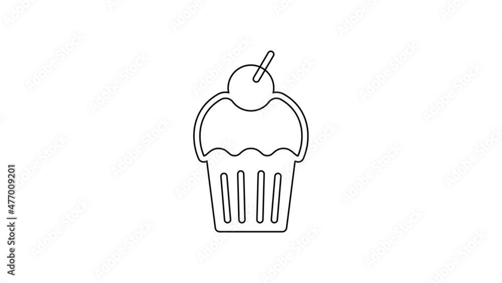 Black line Muffin icon isolated on white background. 4K Video motion graphic animation Black line Muffin icon isolated on white background. 4K Video motion graphic animation