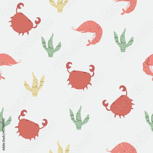 Vector cartoon cute seamless pattern with red crabs and shrimps. Kids background with seaweed in flat style.  