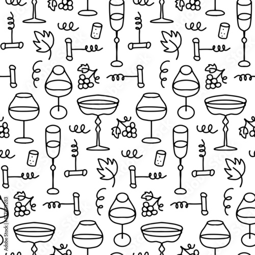 Seamless hand drawn pattern with wine, glasses and corkscrews. Beverage vector background in doodle linear style.